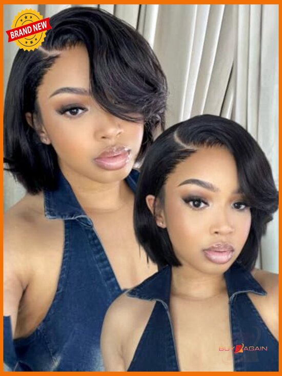 12 Inch Short Layered Bob Drawstring Wig Human Hair Side Swept Bangs Glueless
